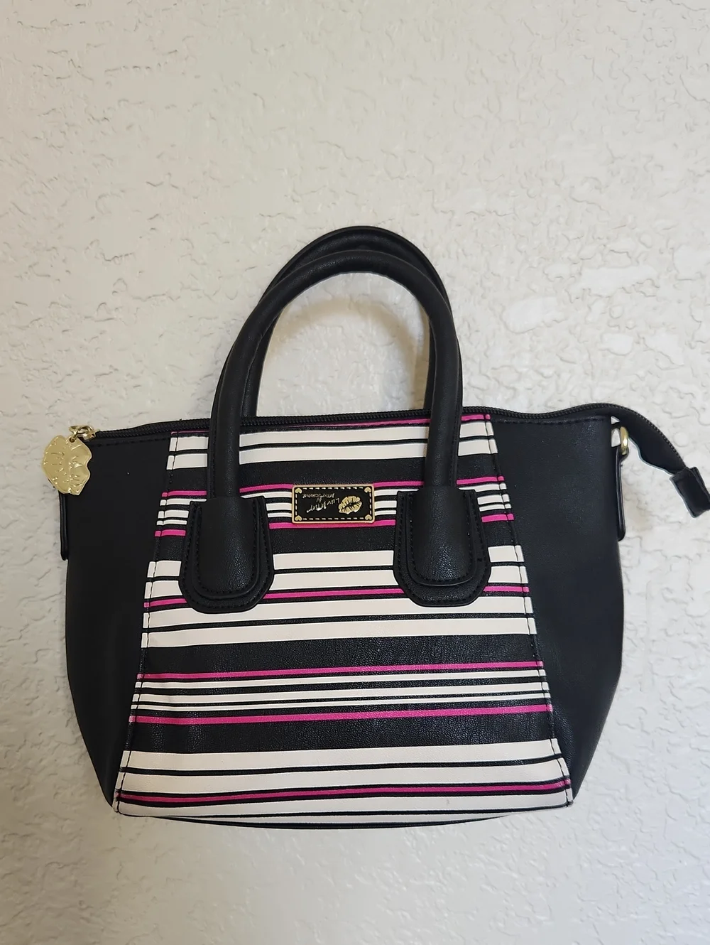 Rare striped Luv Betsey by Betsey Johnson mini satchel Logo Upside Down